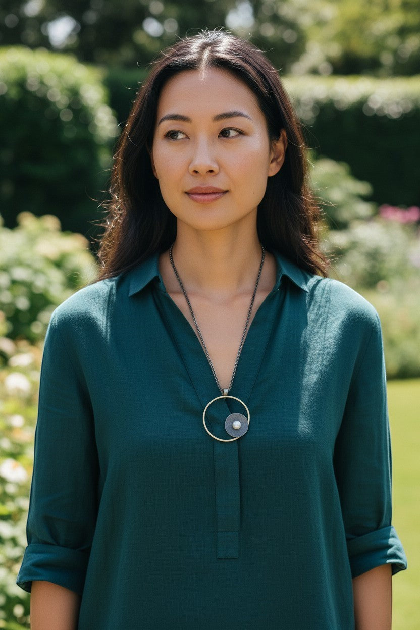 Jouly K Sterling silver necklace with oxidized finish, white pearl, and unique circular design. 80cm chain.
