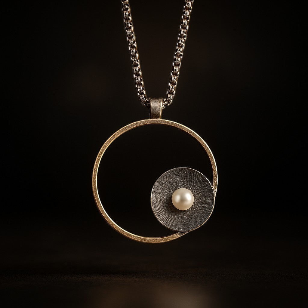 Jouly K Sterling silver necklace with oxidized finish, white pearl, and unique circular design. 80cm chain.