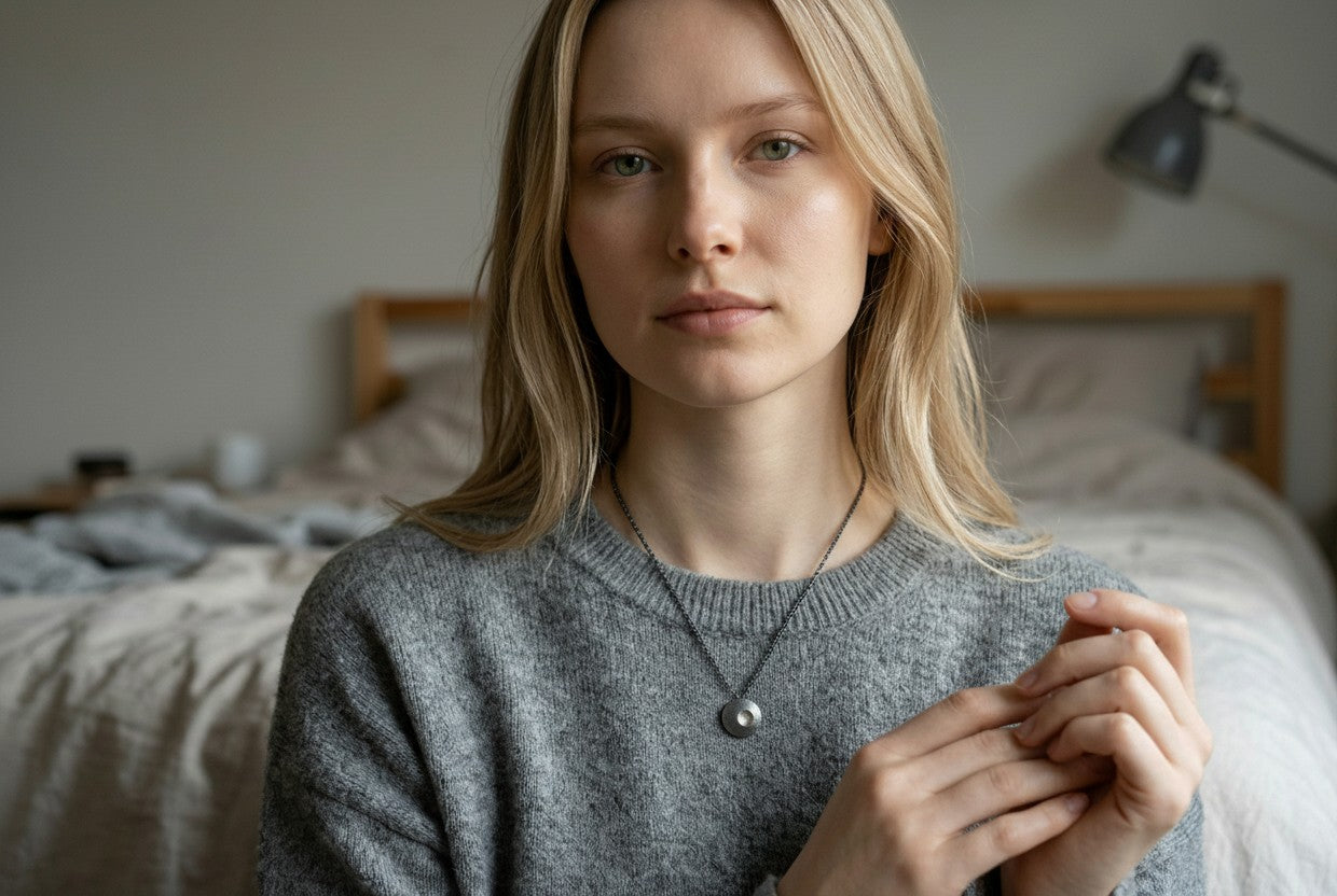 model wearing silver necklace from Jouly K